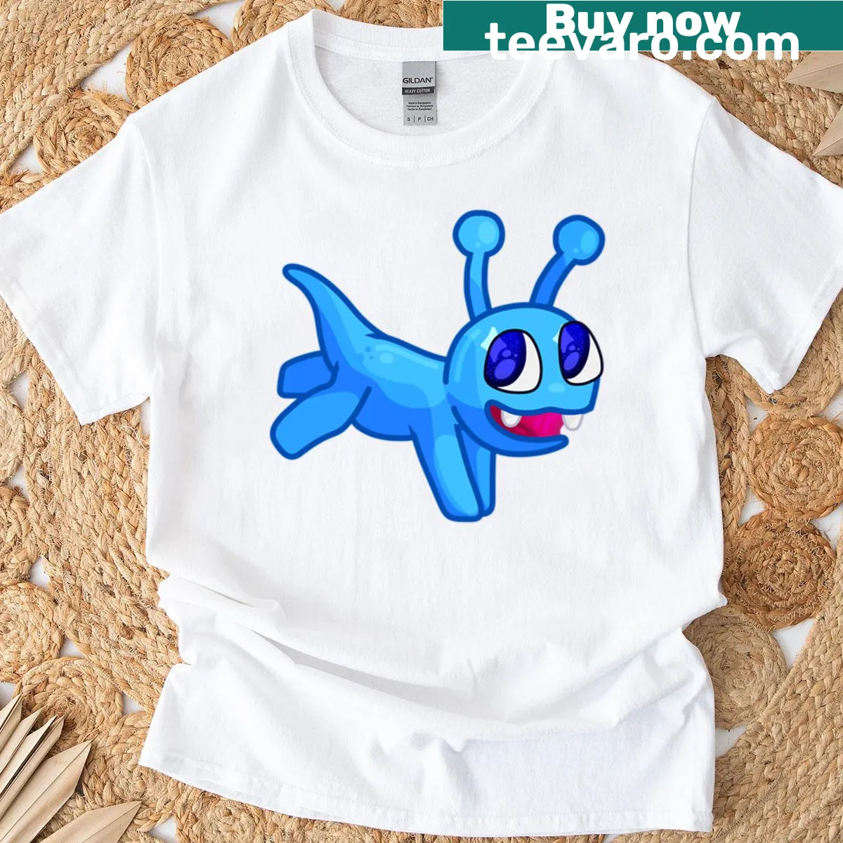 Illustration of a blue crayon creature on a t-shirt — on a men's t-shirt