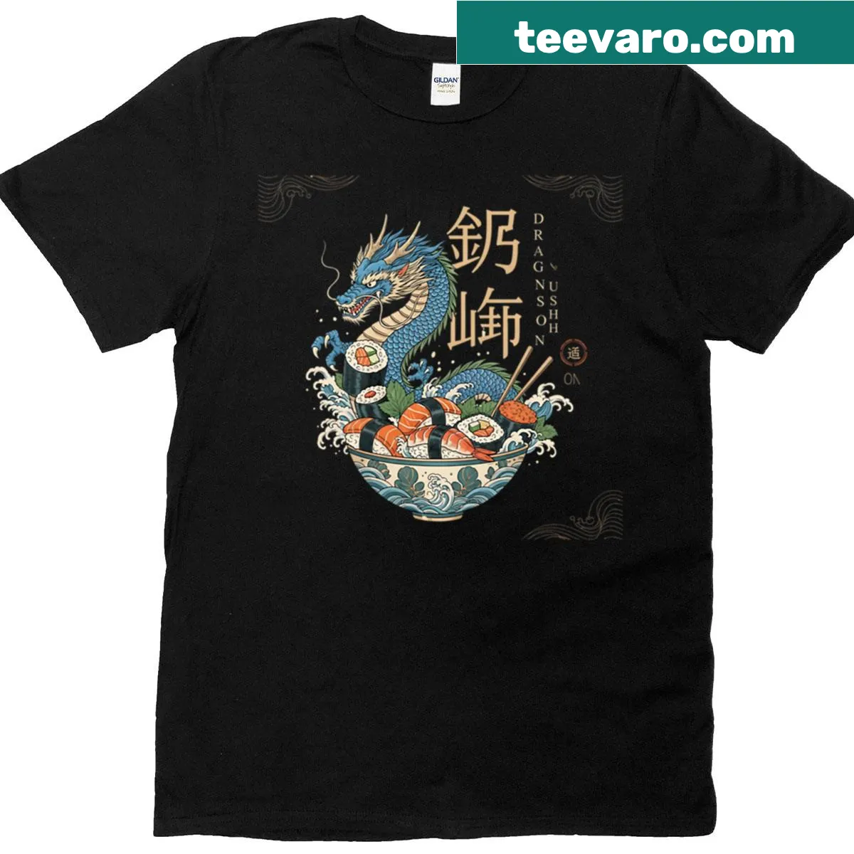 Japanese art T-shirt featuring a blue dragon sushi bowl design — on a men's t-shirt