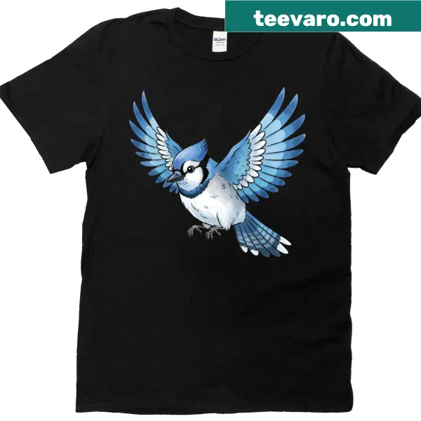 Illustrative T-shirt featuring bluejays and forest animals