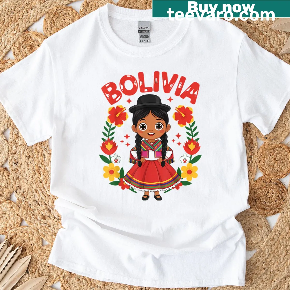 Bolivian girl in traditional dress surrounded by flowers — on a men's t-shirt