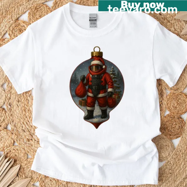 Santa in a bomb suit with ornament details for festive humor