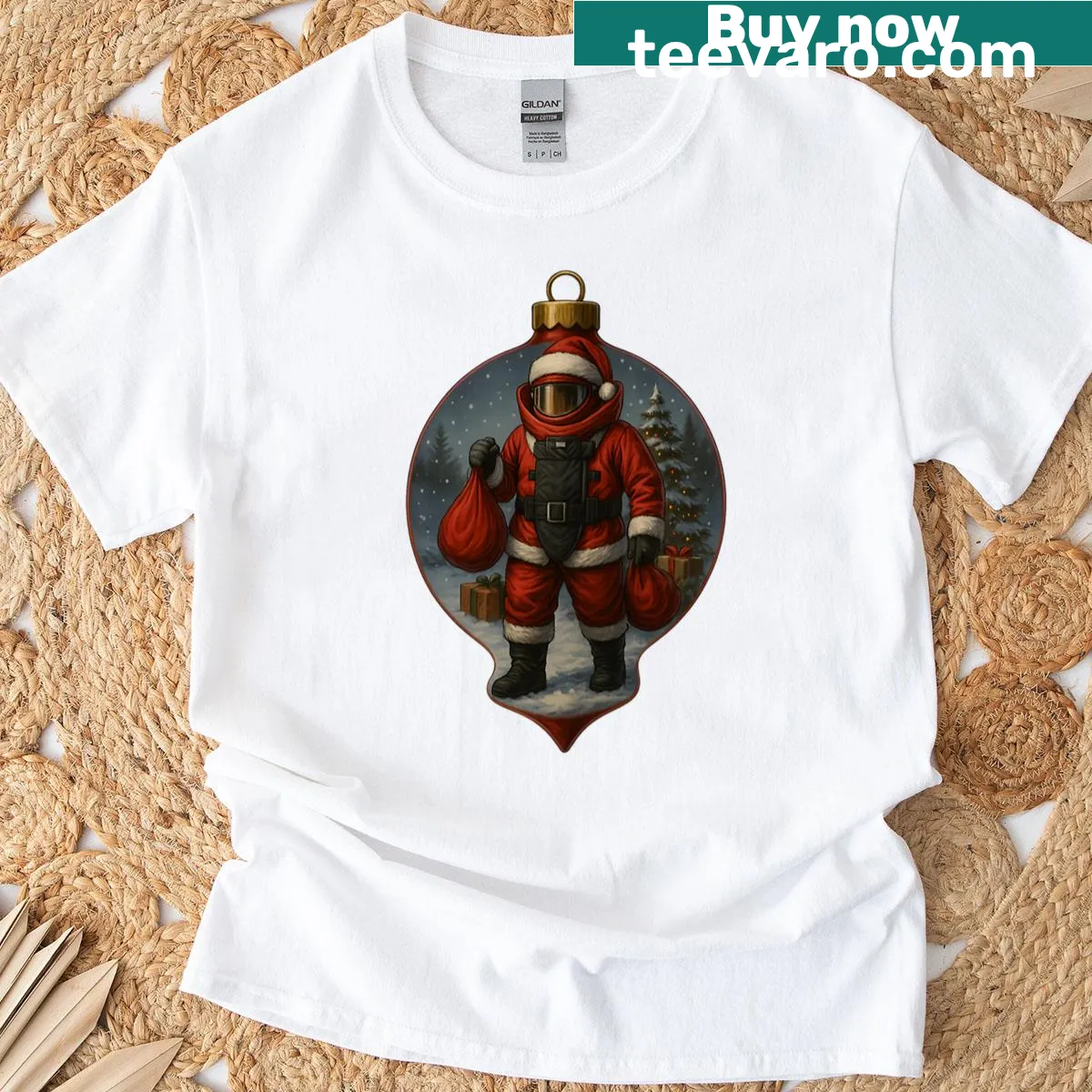 Santa in a bomb suit with ornament details for festive humor — on a men's t-shirt
