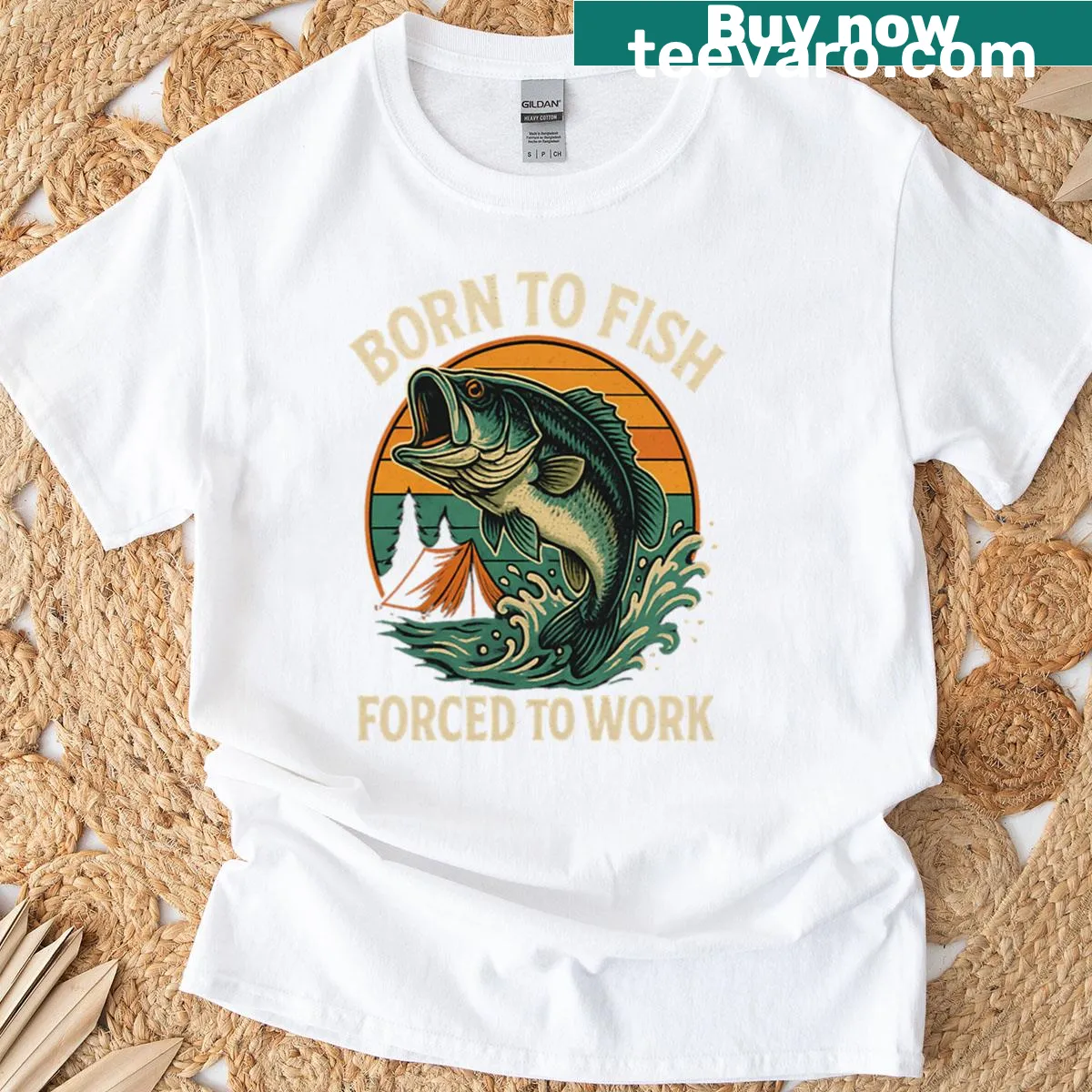 Funny t-shirt stating 'Born To Fish Forced To Work' in bold typography — on a men's t-shirt