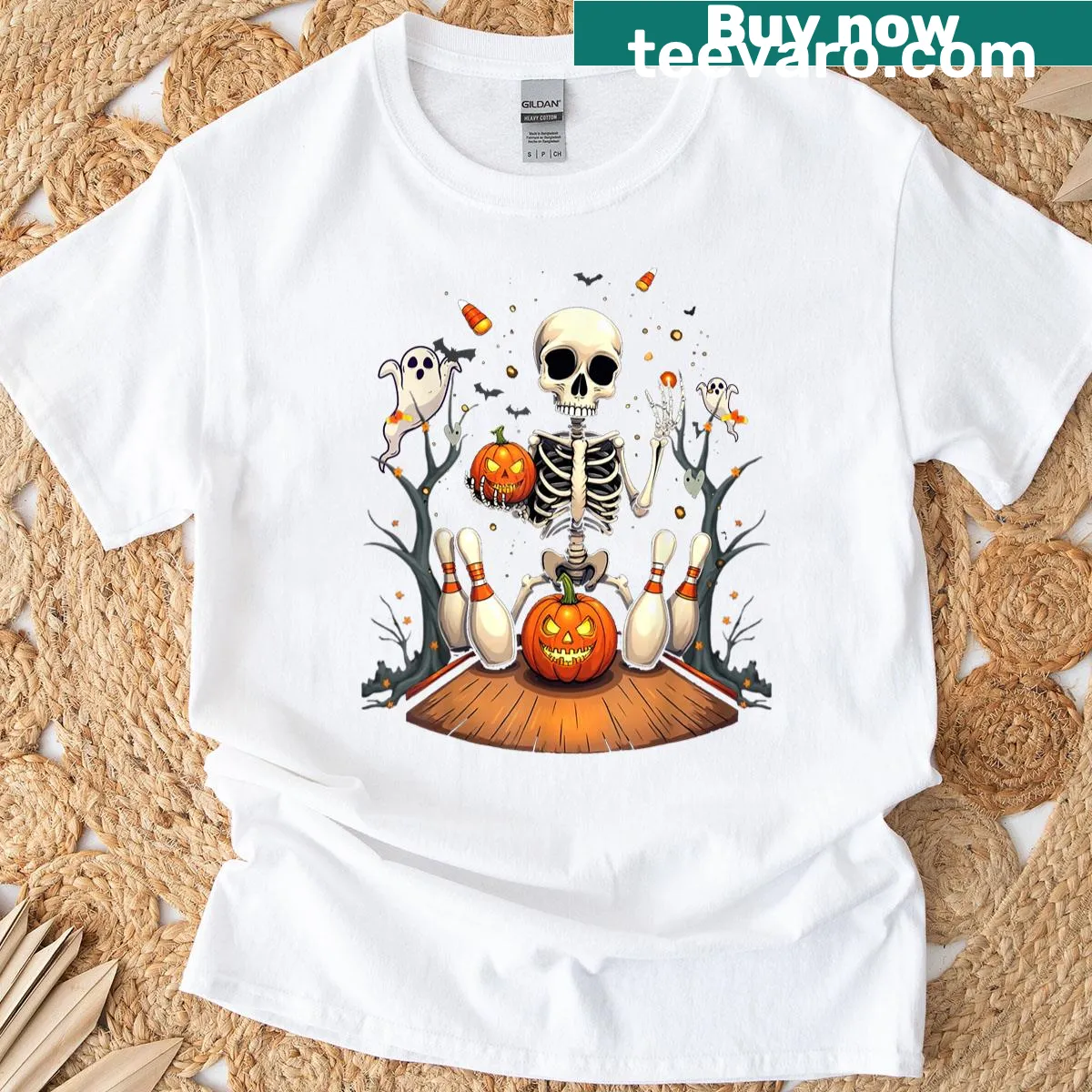 Funny T-shirt with ghost and bowling ball design for Halloween — on a men's t-shirt