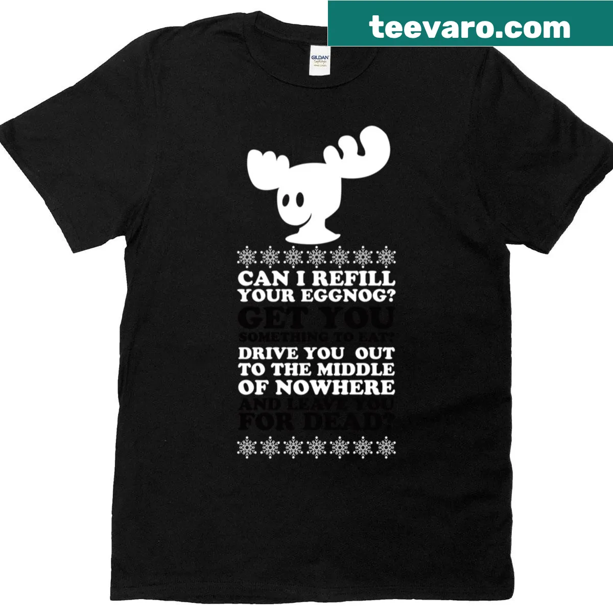 Funny holiday t-shirt with 'Can I Refill Your Eggnog' text — on a men's t-shirt