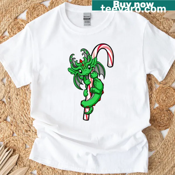 Playful T-shirt featuring a dragon intertwined with candy canes design.
