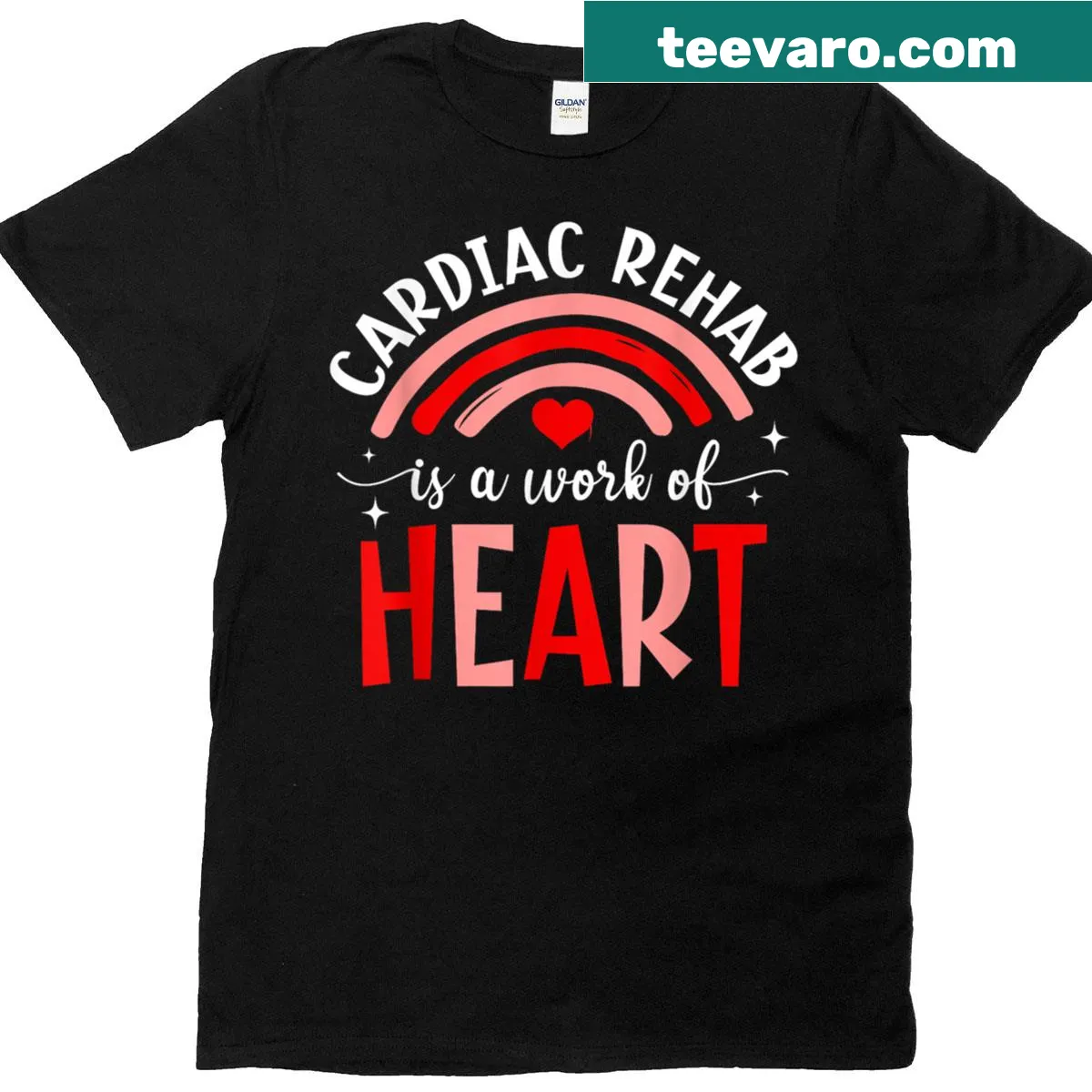 Inspirational Cardiac Rehab t-shirt with anatomical rainbow design — on a men's t-shirt