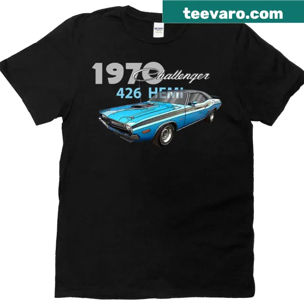 Illustration of a blue 1970 Challenger muscle car on a T-shirt