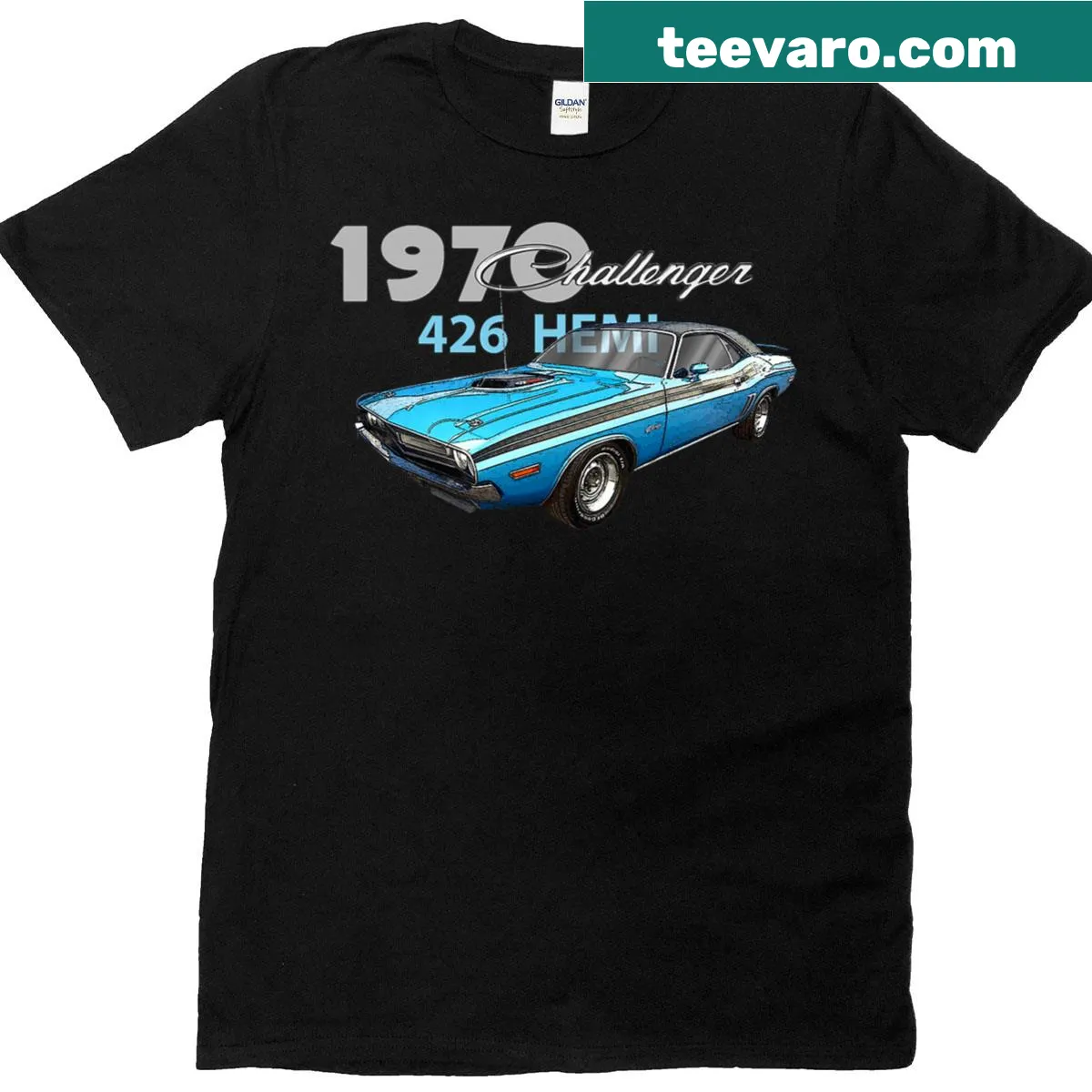 Illustration of a blue 1970 Challenger muscle car on a T-shirt — on a men's t-shirt