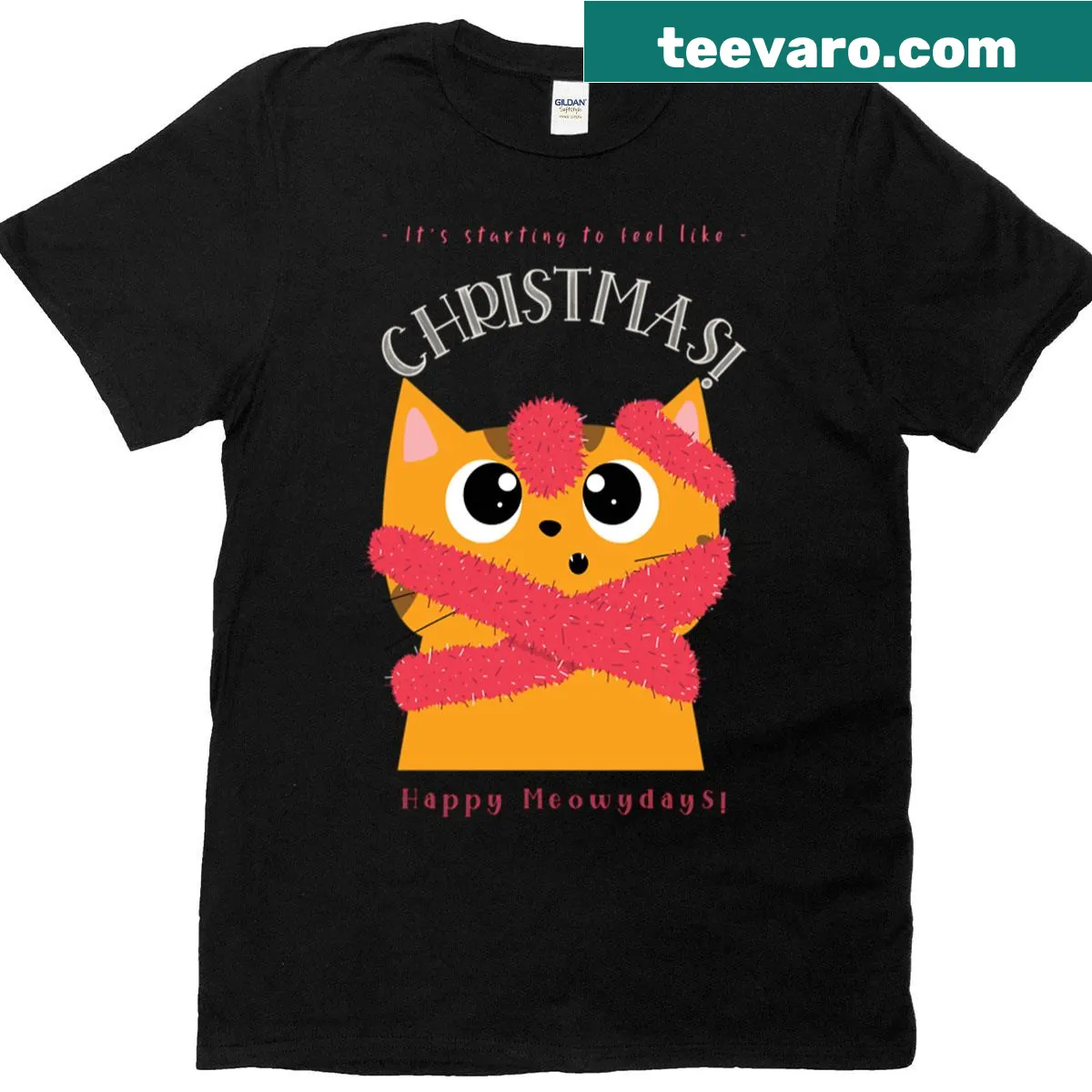 Cute Christmas t-shirt with a cat-themed 'Happy Meowdays' design — on a men's t-shirt