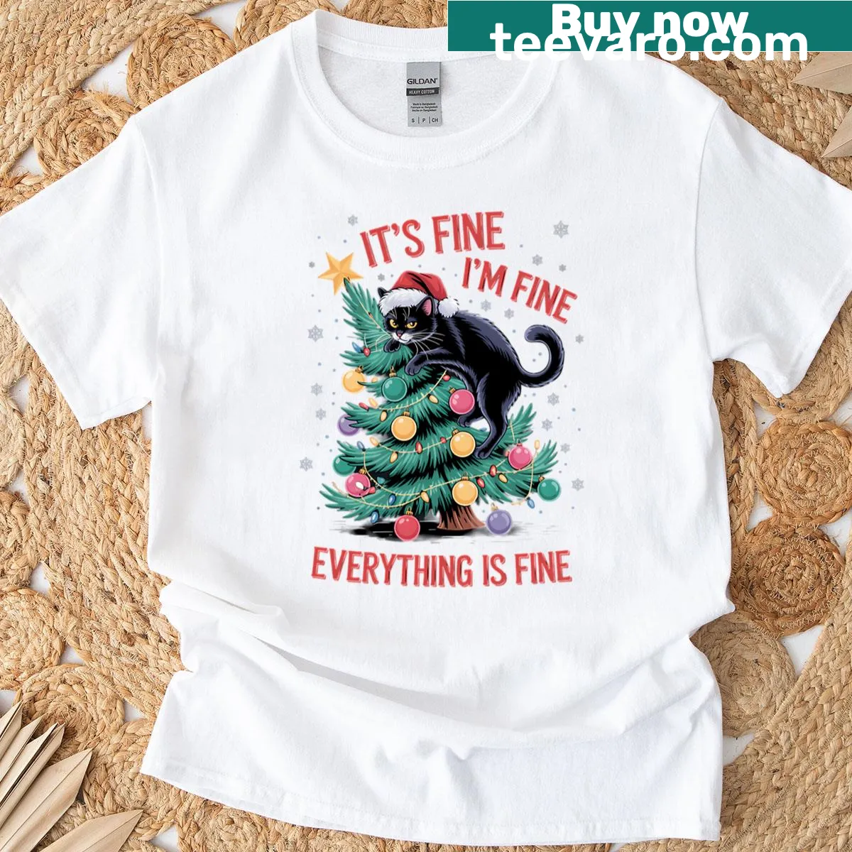Funny cat illustration on a Christmas tree T-shirt — on a men's t-shirt