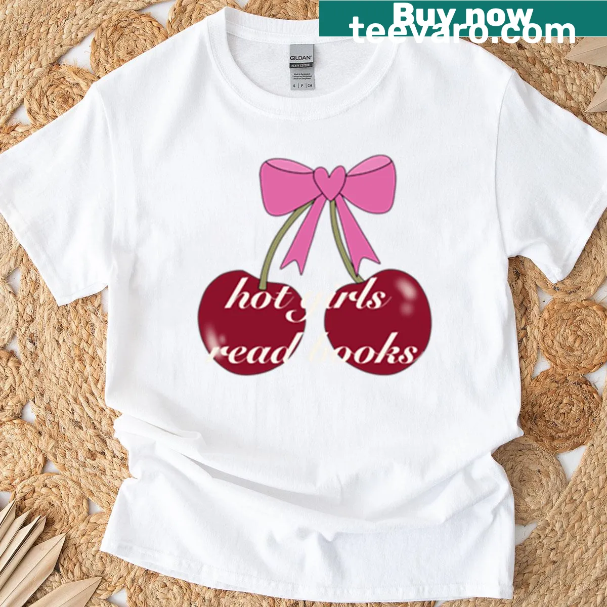 Humorous tee with cherries and the text 'Hot Girls Read Books' — on a men's t-shirt