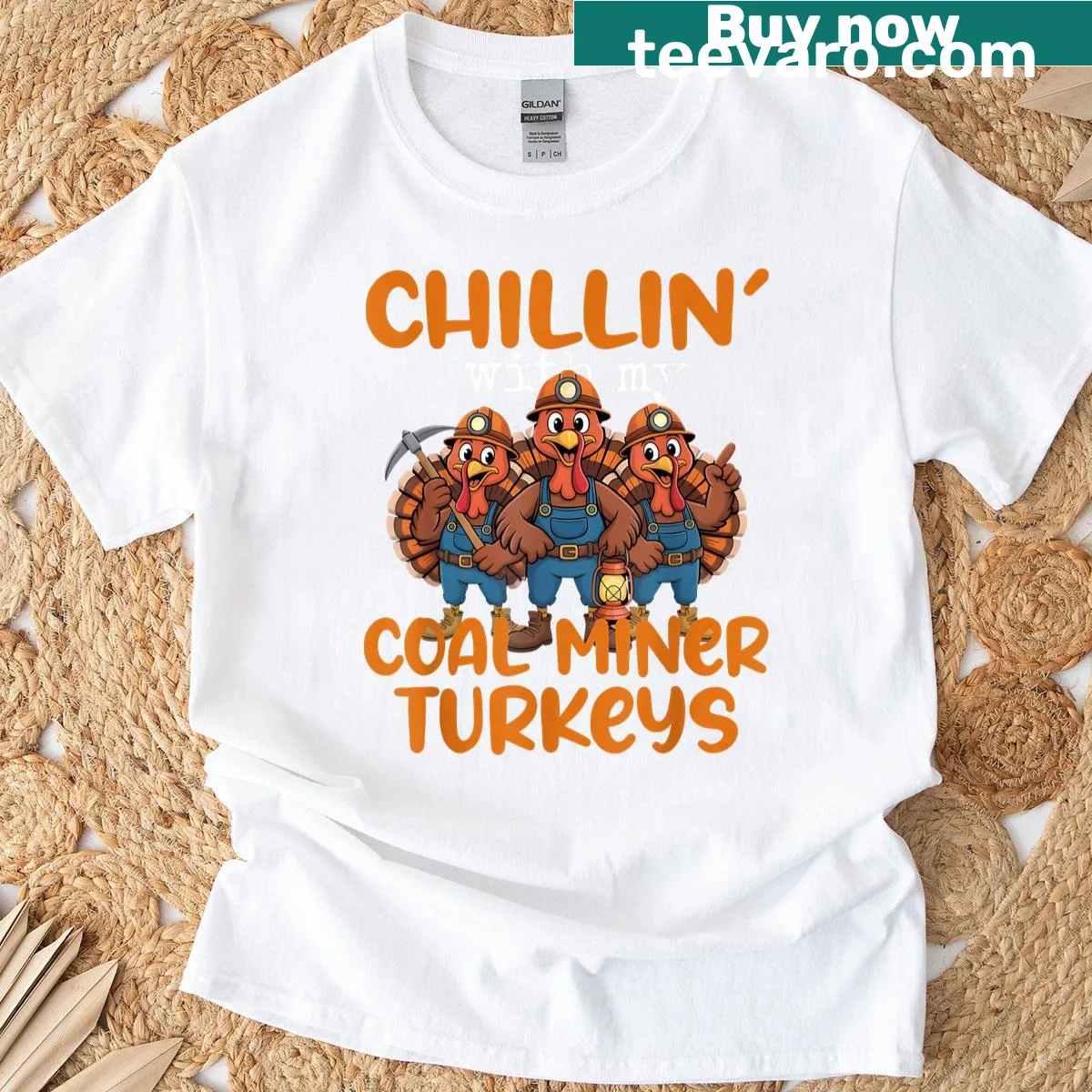 Coal miner turkeys illustration on a Thanksgiving T-shirt — on a men's t-shirt