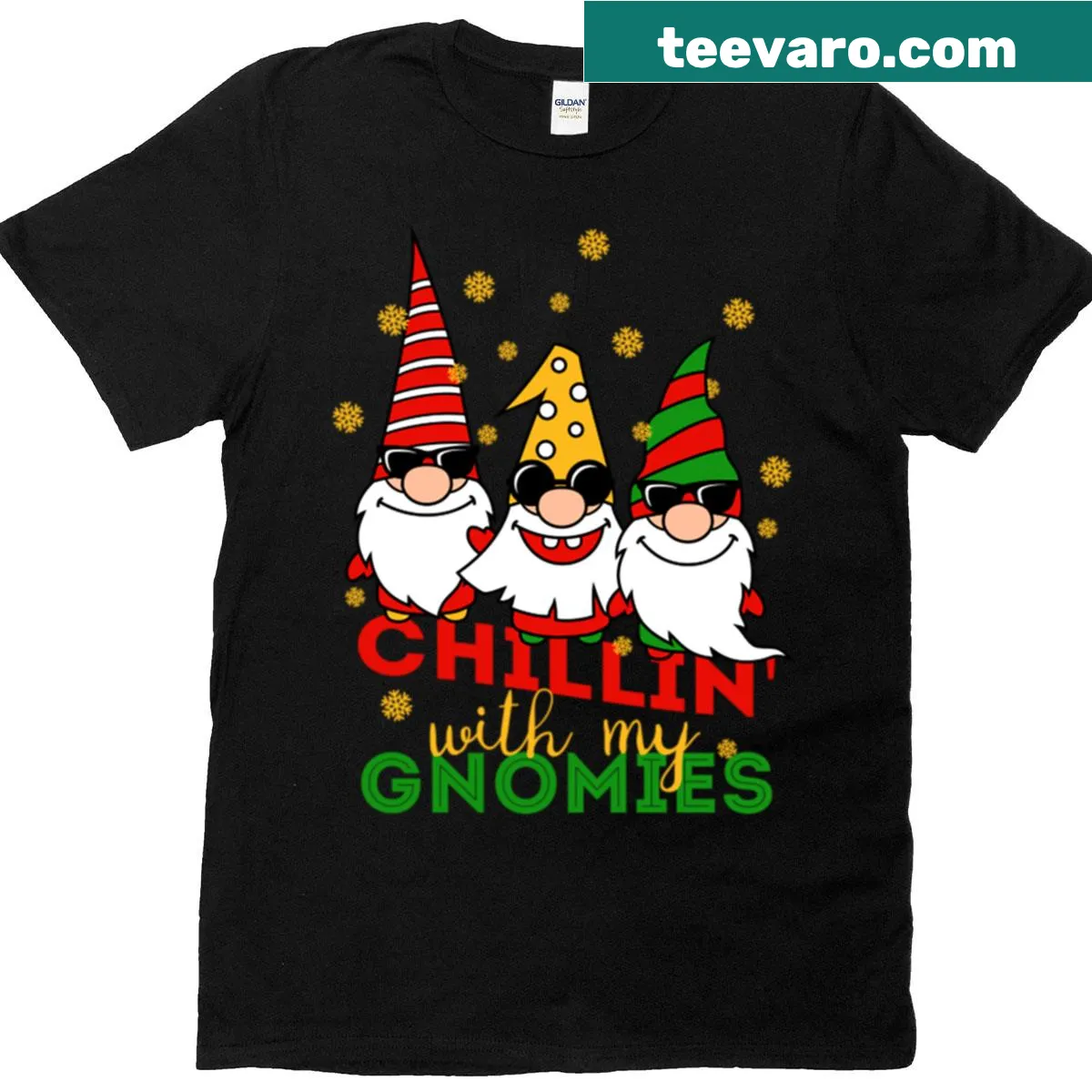 T-shirt with playful gnome illustration and text Chillin With My Gnomies — on a men's t-shirt
