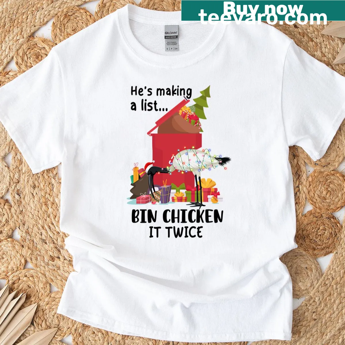 Funny Christmas t-shirt with a bin chicken and humorous text — on a men's t-shirt