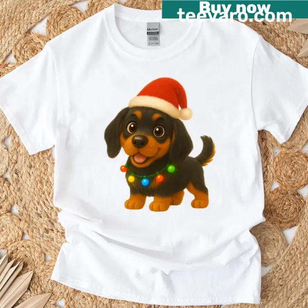 Festive t-shirt featuring a black and tan coonhound in a Christmas design