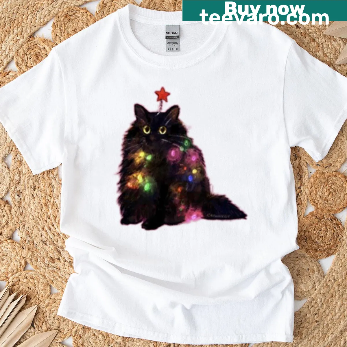 Adorable Christmas t-shirt featuring a cute black cat — on a men's t-shirt