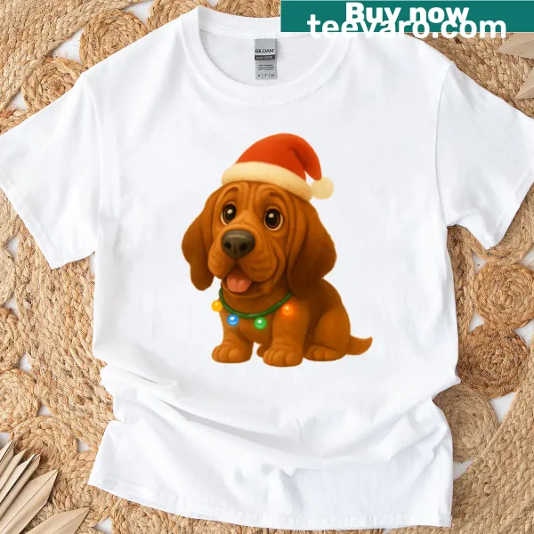 Christmas t-shirt featuring a playful illustration of a bloodhound