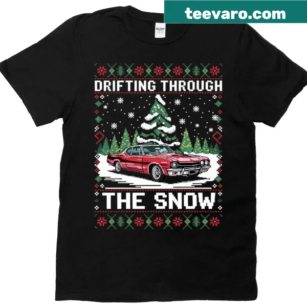 Illustrated festive car with Christmas decorations on a tee