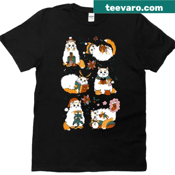 T-shirt with festive illustrations of cats in Christmas attire