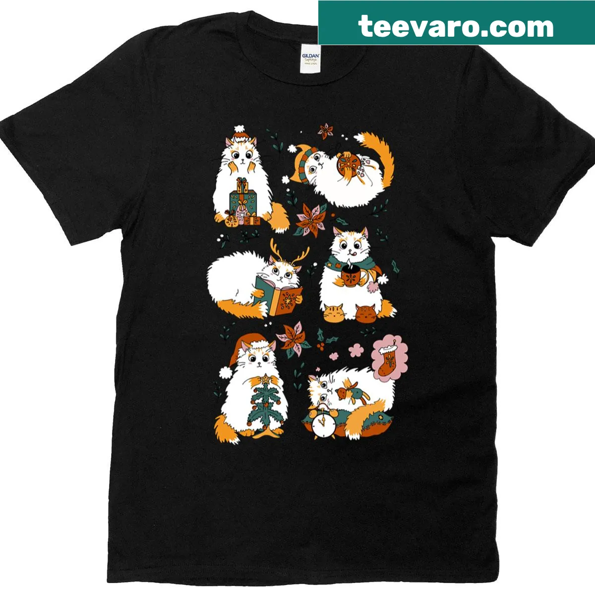 T-shirt with festive illustrations of cats in Christmas attire — on a men's t-shirt