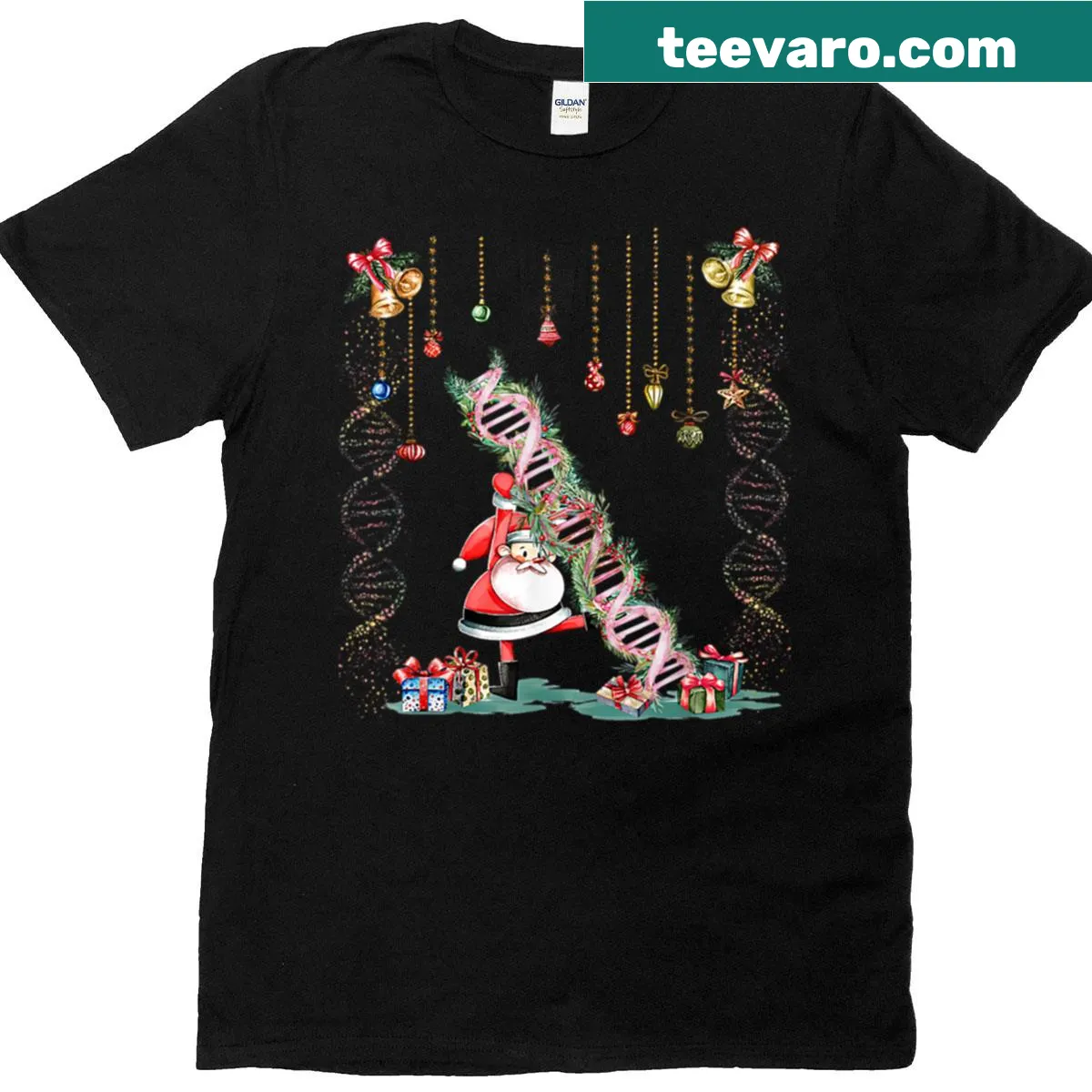 DNA helix with Santa and Christmas elements t-shirt — on a men's t-shirt