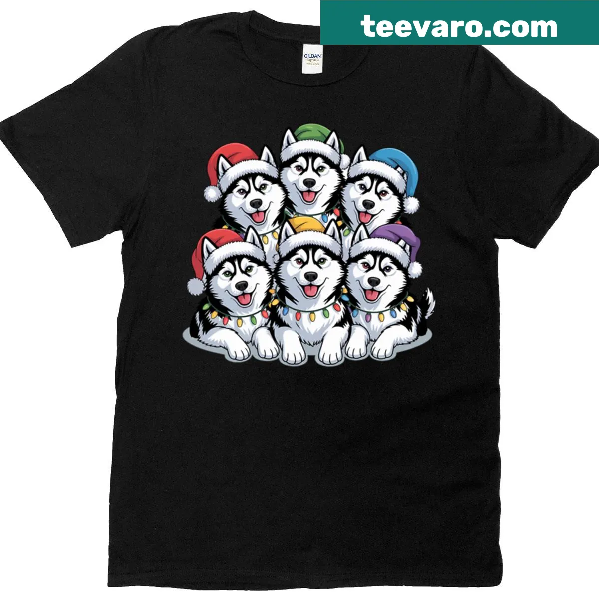 Husky-themed Christmas T-shirt design — on a men's t-shirt