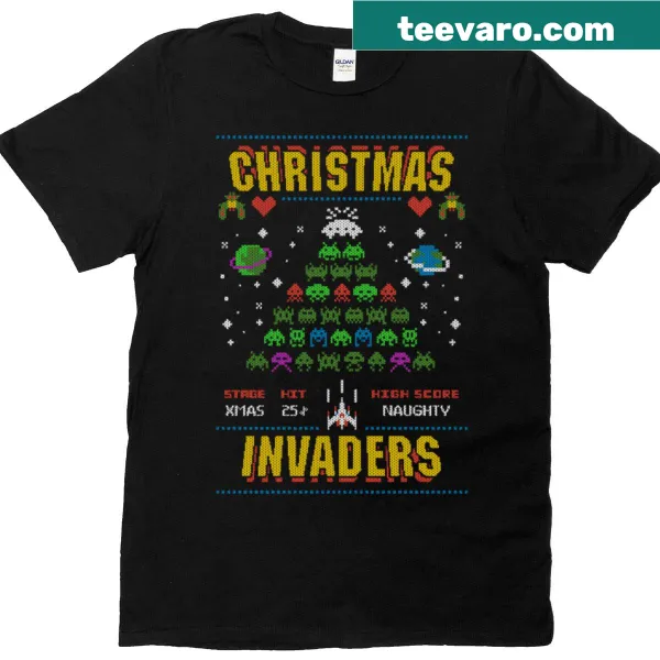 Cartoon-style Christmas invaders graphic on a T-shirt.