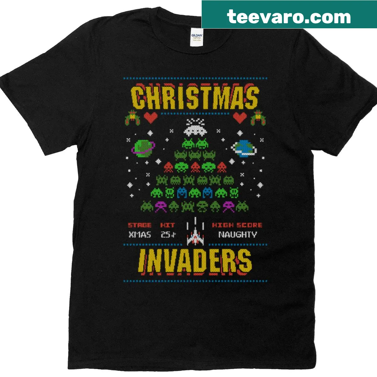 Cartoon-style Christmas invaders graphic on a T-shirt. — on a men's t-shirt