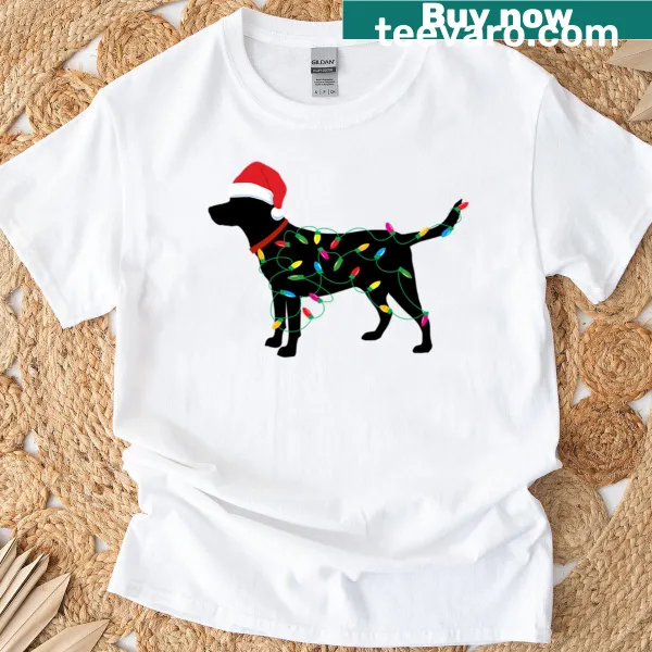 T-shirt featuring a Labrador Retriever in a Santa hat and Christmas lights
