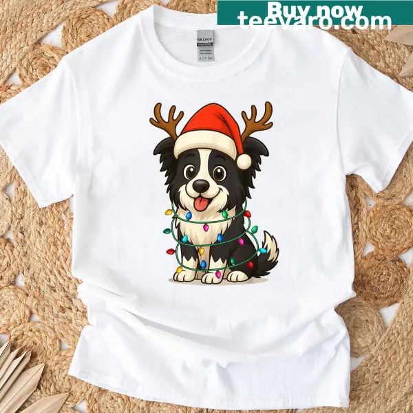 Illustration of a Border Collie in a Santa hat on a holiday T-shirt