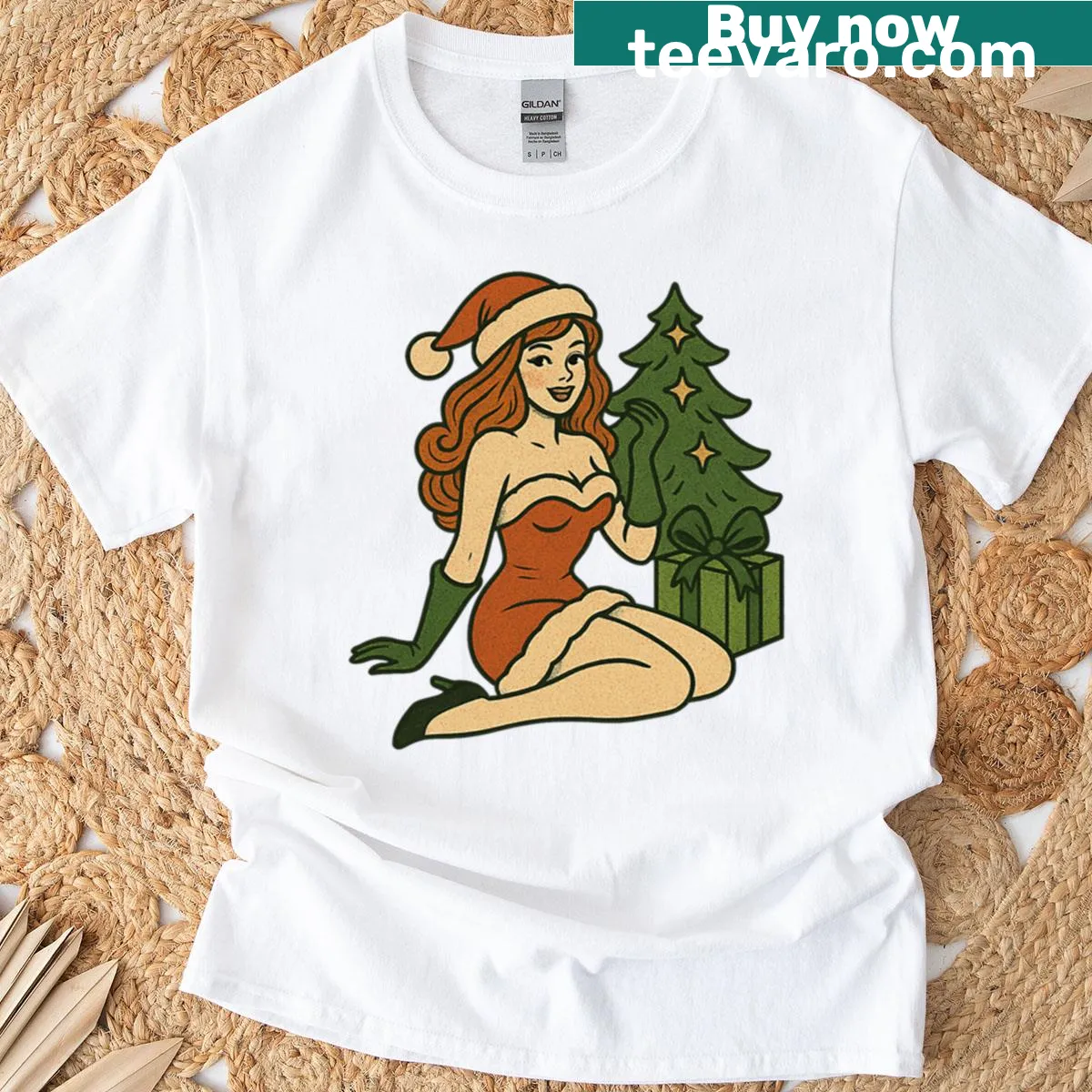 Vintage-style Christmas tee featuring a pinup girl design — on a men's t-shirt