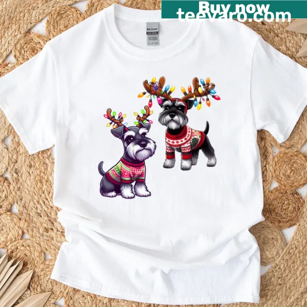 T-shirt with cute schnauzers surrounded by festive lights