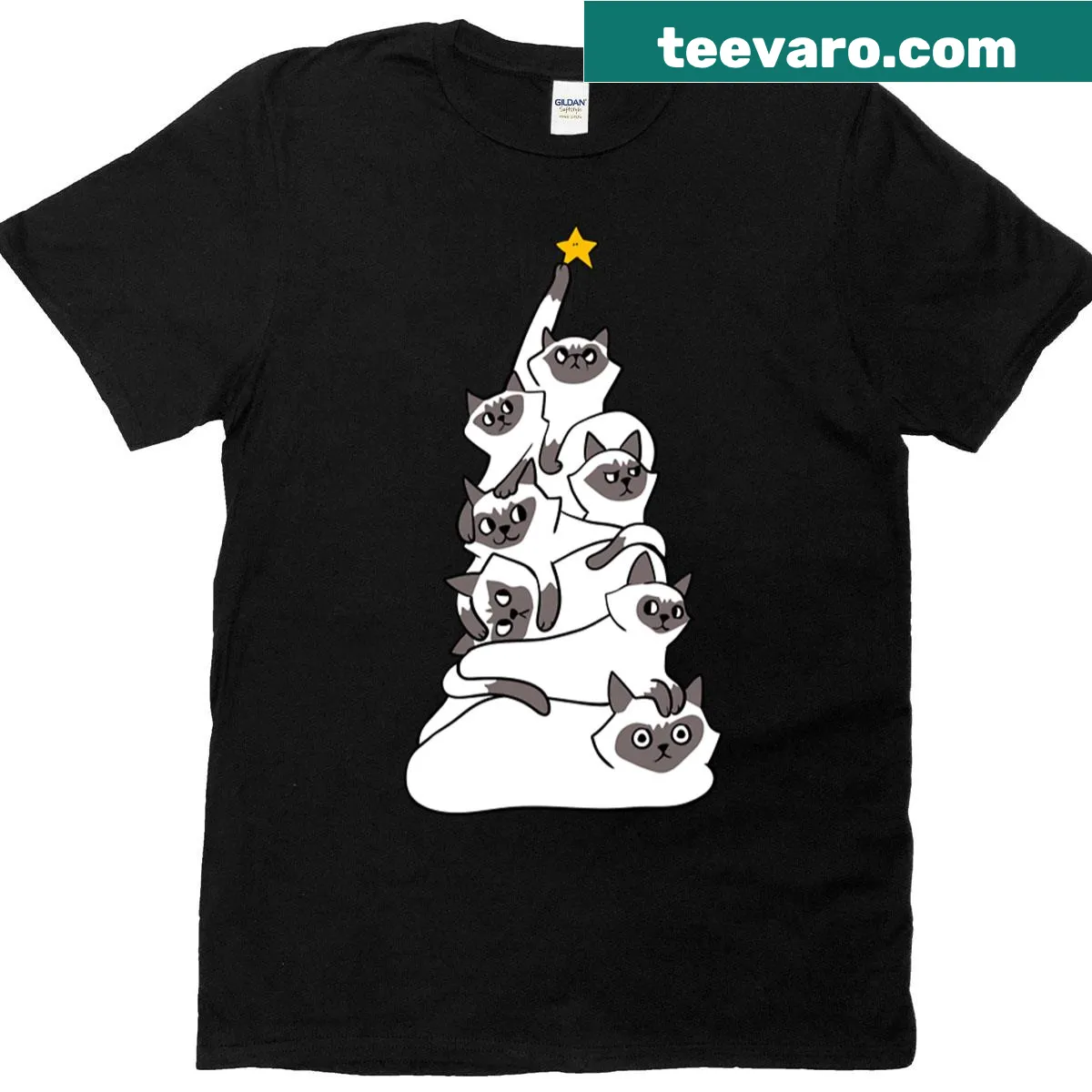 Siamese cat atop a decorated Christmas tree illustration — on a men's t-shirt
