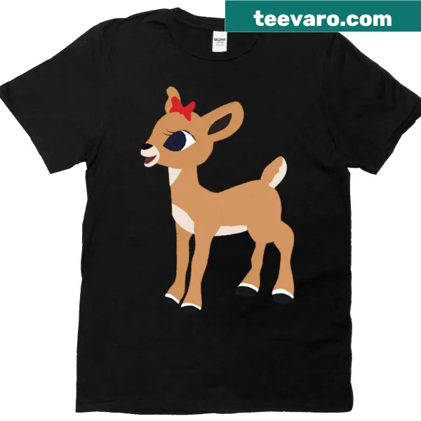 Cute graphic of Clarice the reindeer on a Christmas T-shirt.