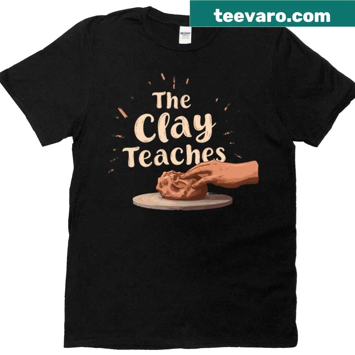 Clay teacher T-shirt with pottery wisdom handbuilding design — on a men's t-shirt