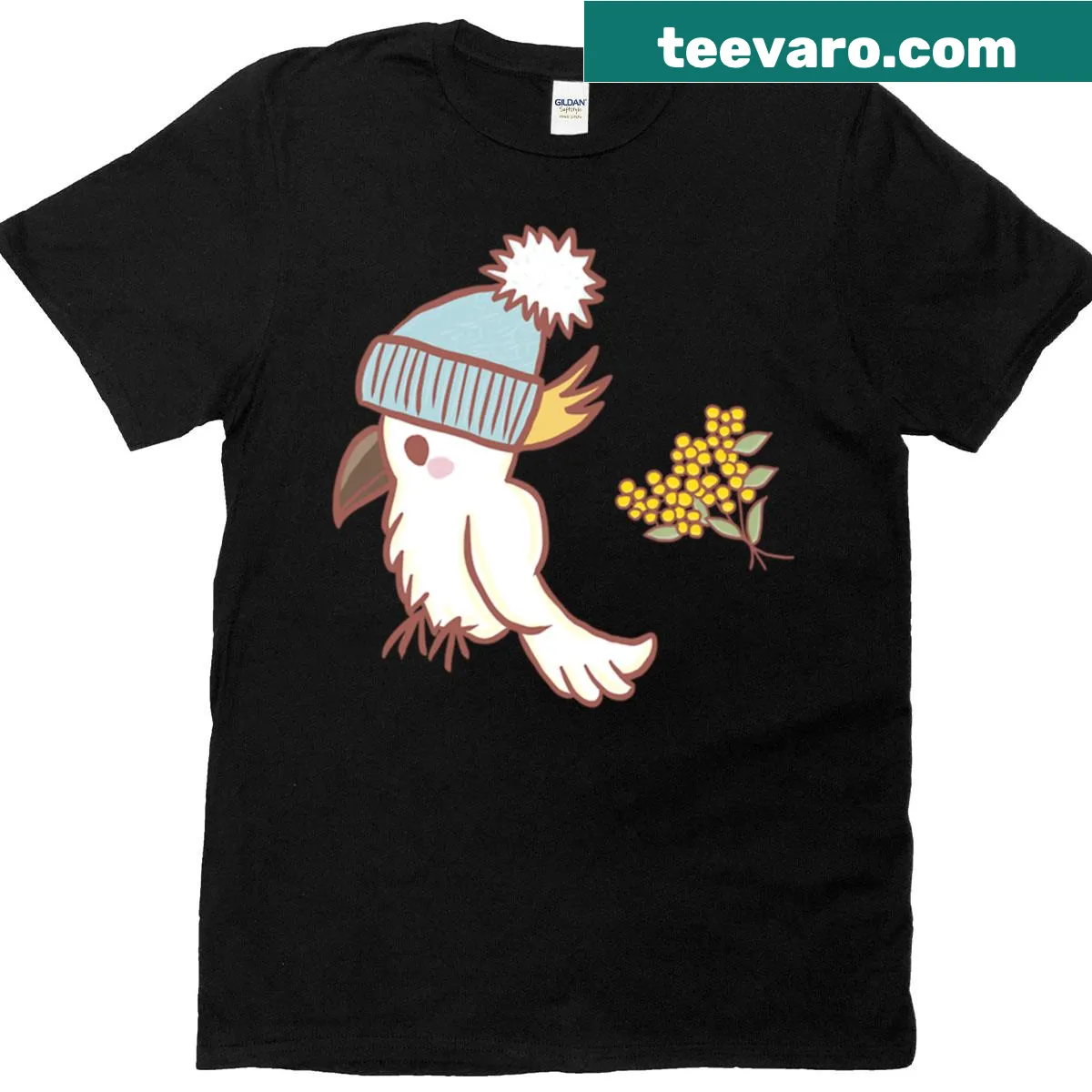 Cartoon cockatoo wearing a beanie on a cute t-shirt — on a men's t-shirt