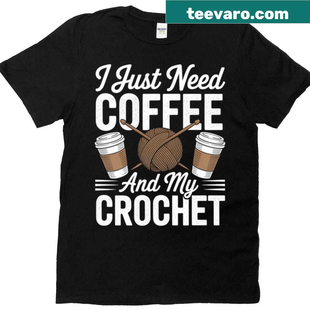 Coffee and crochet lover t-shirt with whimsical design — on a men's t-shirt