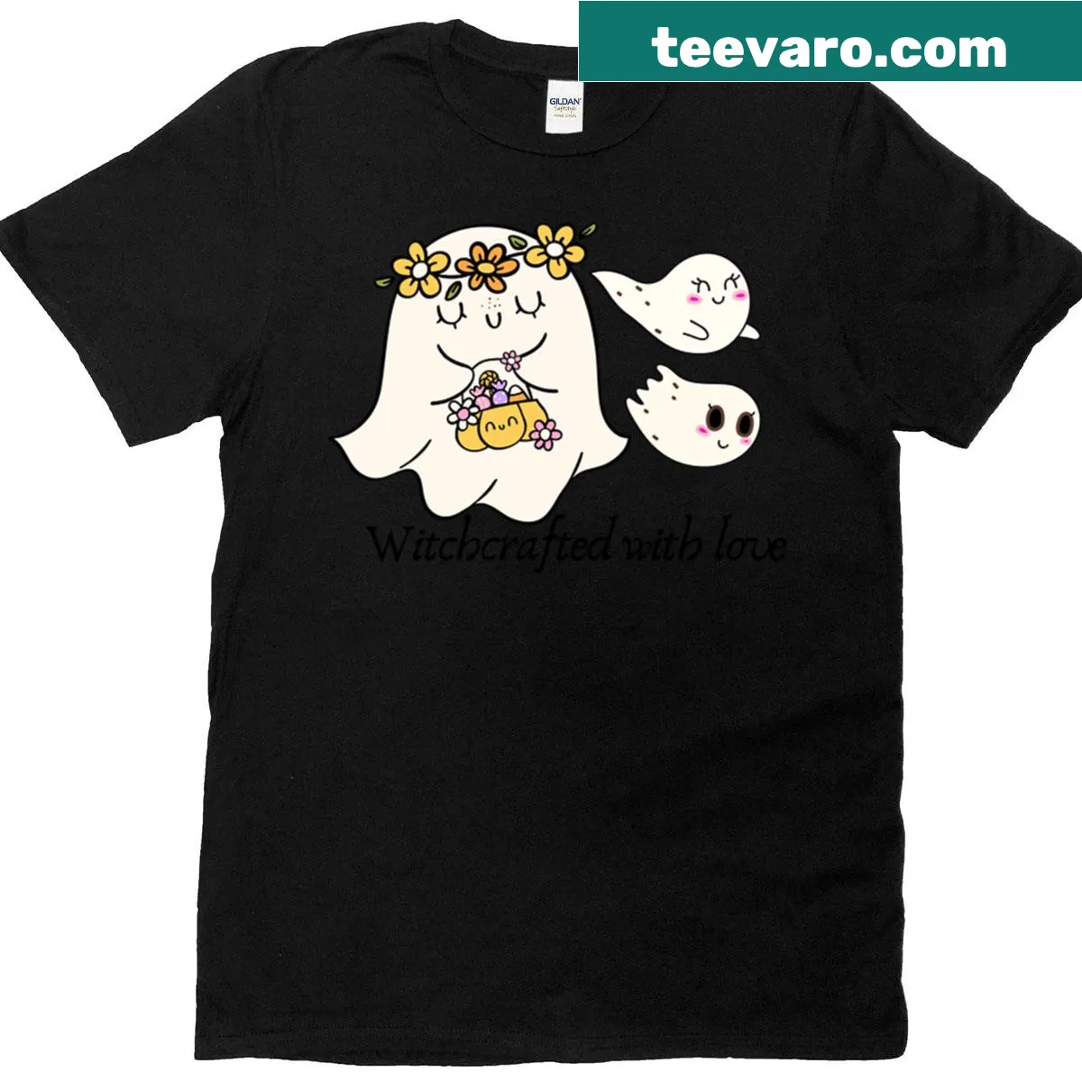 Illustrated T-shirt featuring cute ghosts for Halloween — on a men's t-shirt