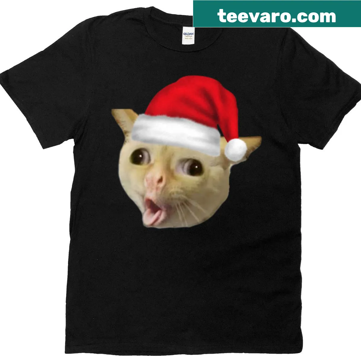 Coughing cat Christmas meme t-shirt with festive design — on a men's t-shirt