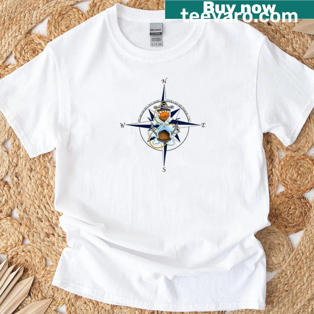 Compass-themed t-shirt with a motivational design encouraging exploration — on a men's t-shirt