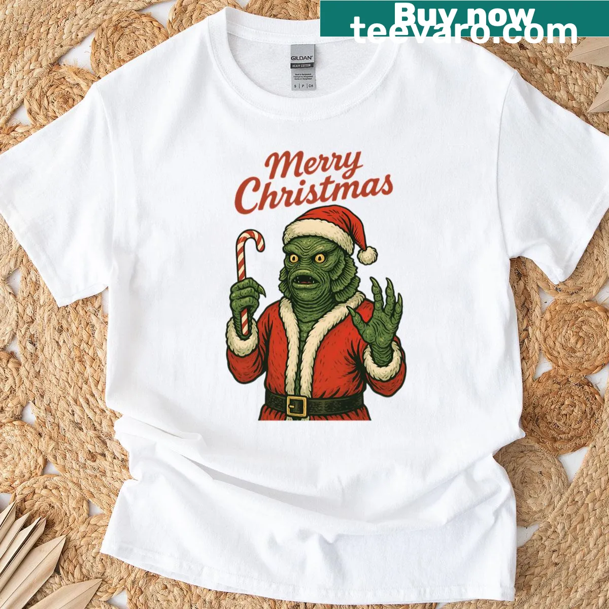 Creature from the Black Lagoon illustration with Christmas motifs — on a men's t-shirt