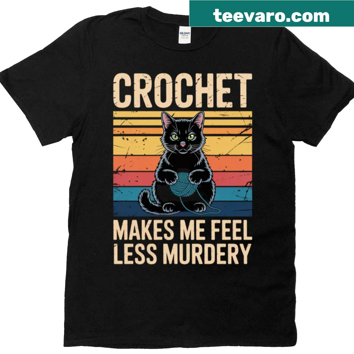 Funny cat and crochet themed T-shirt — on a men's t-shirt