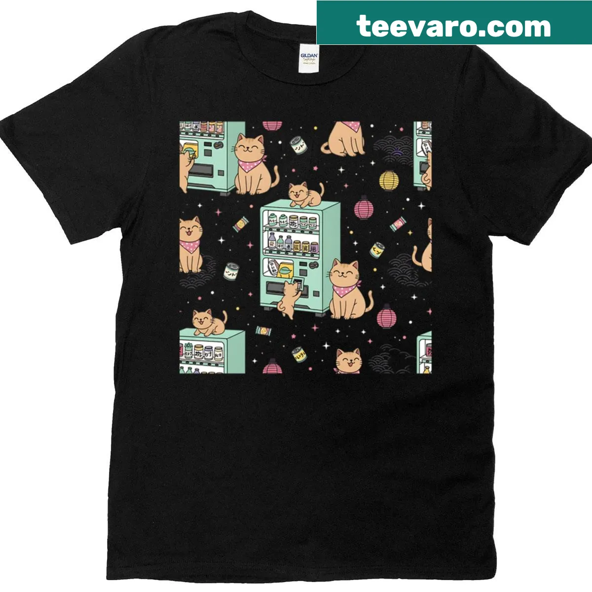 Japanese vending machine pattern with cute cats on a shirt — on a men's t-shirt