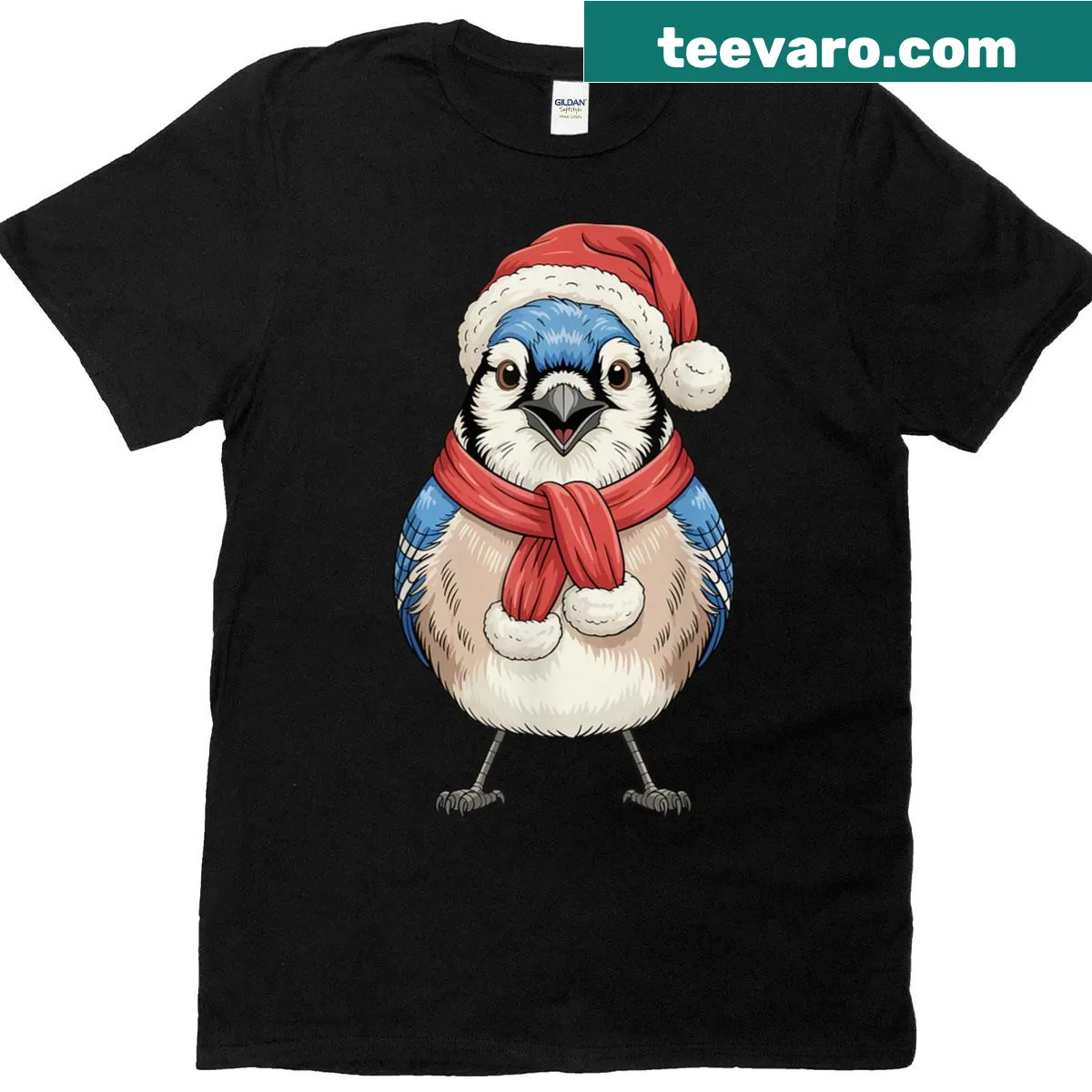 Blue Jay Santa design T-shirt celebrating Christmas and bird watching — on a men's t-shirt