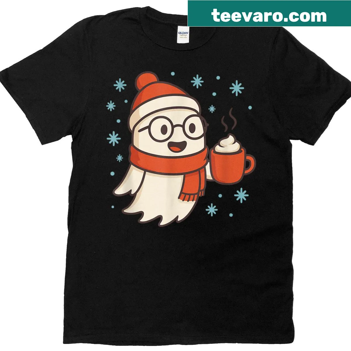 Cute cartoon ghost with hot chocolate on Christmas t-shirt — on a men's t-shirt