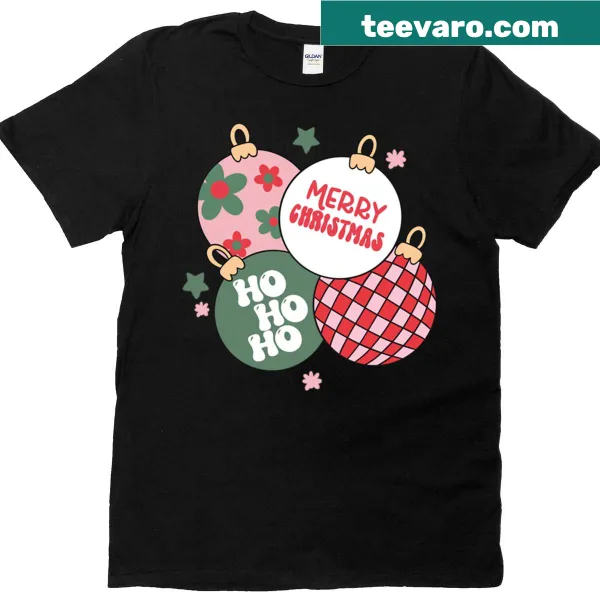 Illustrated Christmas ornaments on a cute holiday-themed T-shirt
