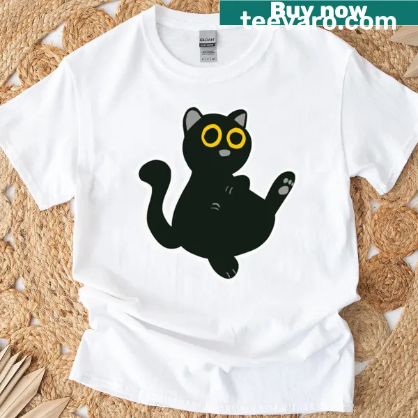 Endearing cartoon fat black cat on T-shirt