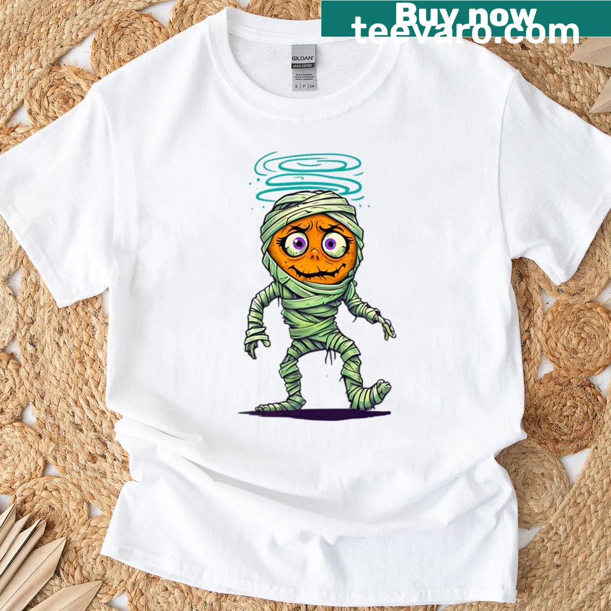 Dizzy cartoon mummy graphic on a Halloween T-shirt — on a men's t-shirt