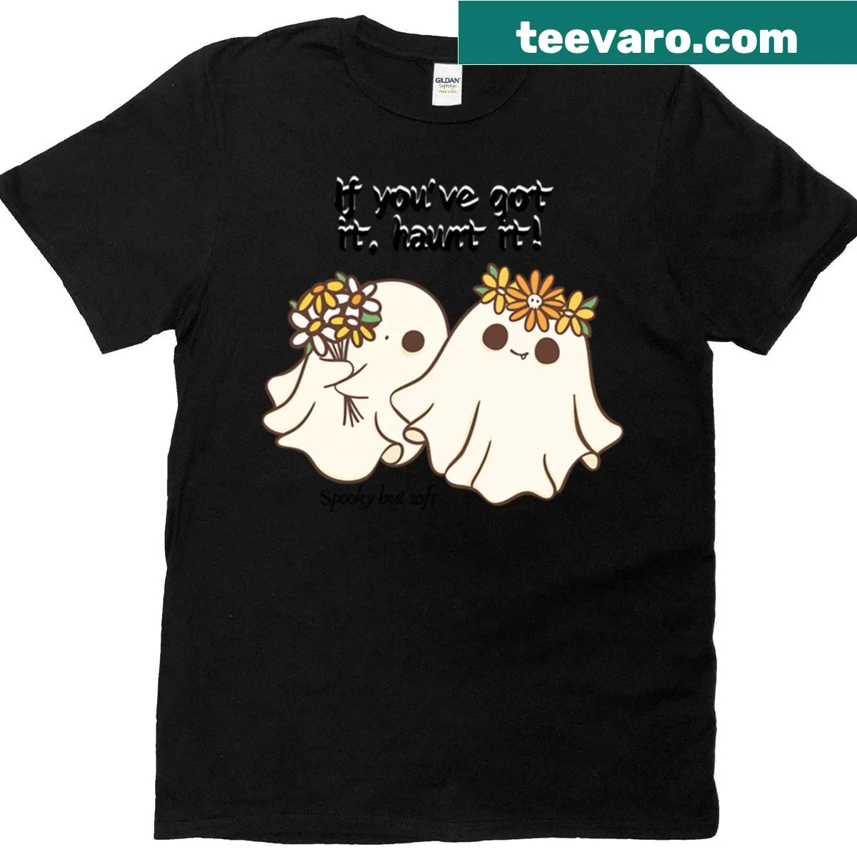 Cartoon design of a cute ghost couple with a funny Halloween quote. — on a men's t-shirt